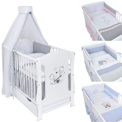 Babybett Kinderbett Weiß Teddy Wippe 120x60 mit Schublade Bettwäsche Set