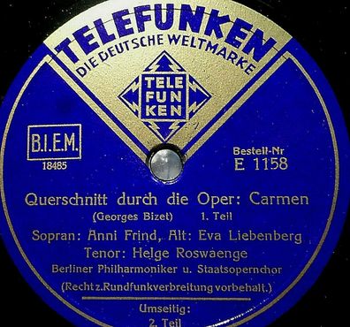 Frind / Liebenberg / Roswaenge "Querschnitt durch Carmen" Telefunken 1932 78rpm