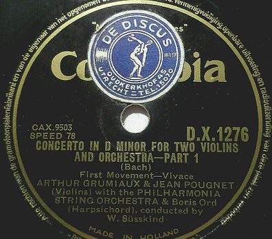 Grumiaux & Pougnet "Concerto n D Minor For Two Violins - Bach" Columbia 2x 78rpm