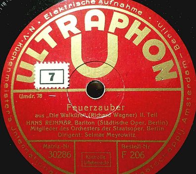 Hans Reinmar "Feuerzauber - Die Walküre - Richard Wagner" Ultraphon 1930 12"