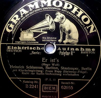 Heinrich Schlusnus "Er ist´s / Verschwiegene Liebe (Wolf)" Grammophon 1928 78rpm