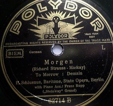 Heinrich Schlusnus, Baritone "To Morrow / O Wait" Polydor 1933 78rpm 10"