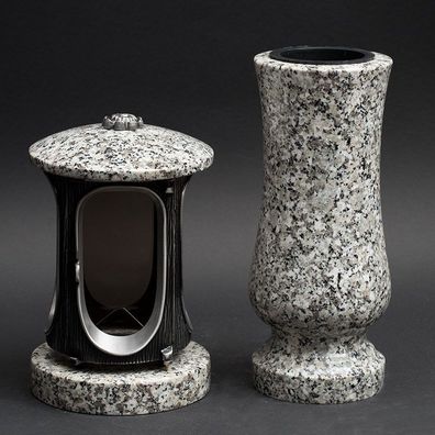 Grabschmuck-Set Grab-lampe Grabvase Set Vase + Grab-licht aus Granit schlesisch