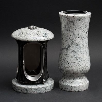 Grab-lampe Grabschmuck Set Grabvase Vase Grablicht Grablampe Granit viscont white