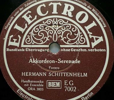 Hermann Schittenhelm "Akkordeon-Serenade / Farfalla" Electrola 1938 78rpm 10"