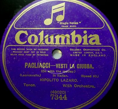 Hipolito LAZARO "Vesti La Giubba / Ah, so pure" Columbia 80rpm 12"