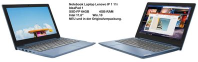 Notebook Laptop Lenovo IP 1 11i IdeaPad 1 SSD-FP 64GB 4GB-RAM Intel 11,6" Win.10. NEU