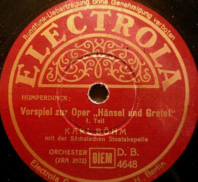 KARL BÖHM "Vorspiel zu Oper "Hänsel und Gretel" Electrola 78rpm 12"