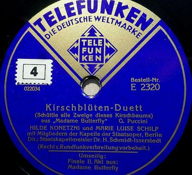 Konetzni & Schilp "Schüttle alle Zweige dieses Kirschbaums" Telefunken 1937 12"