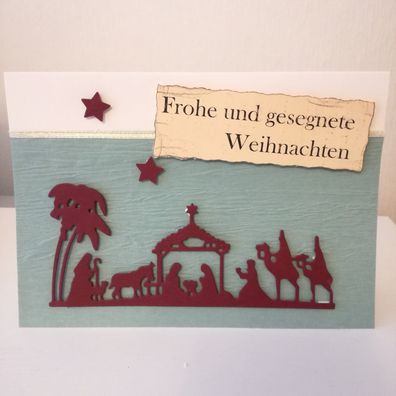 Klappkarte Karte Grusskarte Frohe und gesegnete Weihnachten Krippe 13x13 Handmade
