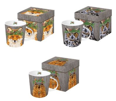 1 Kaffeebecher, Fuchs, Eule o. Eichhörnchen in Geschenkbox, Tasse Winter Berry Tiere
