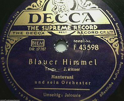 Mantovani & Orchester "Blauer Himmel / Jalousie" Decca 78rpm 10"
