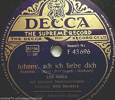LYS ASSIA "Schweden-Mädel / Johnny, ach ich liebe dich" Decca 78rpm 10"