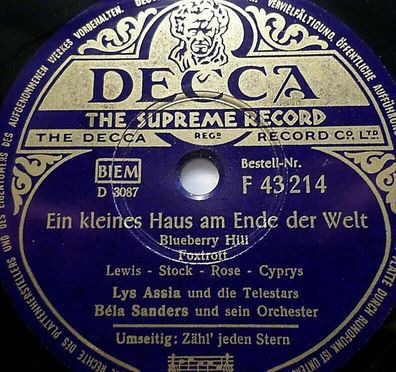 LYS ASSIA "Ein kleines Haus am Ende der Welt / Zähl´ jeden Stern" Decca 78rpm