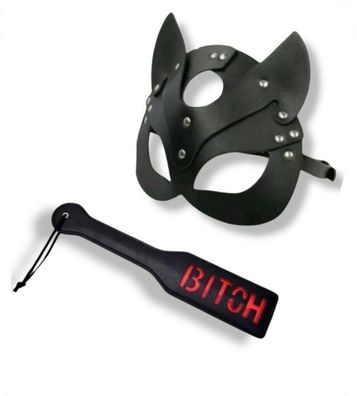 2 Teilig Katzenmaske mit Peitsche Schwarz Katzen Maske Fetisch BDSM Kostüm