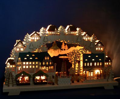 3D-Schwibbogen 68cm Weihnachtsmarkt mit elektrischer Pyramide Erzgebirge Lichterbogen