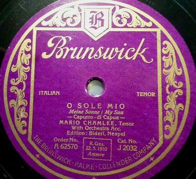 Mario Chamlee" Santa Lucia / O Sole Mio" Brunswick 1927 78rpm 10"