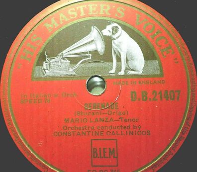 MARIO LANZA "Serenade (Drigo) / Serenade (Toselli)" HMV 1952 78rpm 12"