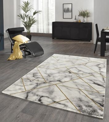 Designer Teppich Wohnzimmer Teppich Marmor Optik mit Glanzfasern in Grau Gold