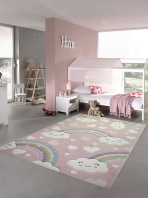 Kinderteppich Kinderzimmerteppich Regenbogen mit Wolken und Herzen in rosa