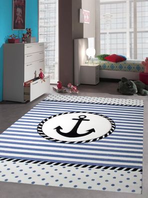 Kinderteppich Maritim Kinderzimmerteppich Jungen Teppich mit Anker in Blau Creme