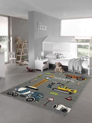 Kinderteppich Spielteppich Baustelle Teppich mit Bagger in grau