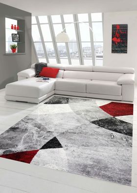 Moderner Wohnzimmer Teppich abstraktes Wellen Rauten Design marmoriert in rot grau -