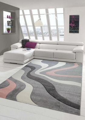 Teppich modern Teppich Wohnzimmer mit Wellen in grau rosa