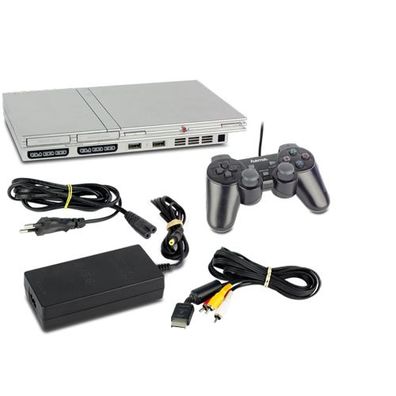 PS2 Konsole Slim Line in Silber + Ähnlicher Controller + alle Kabel