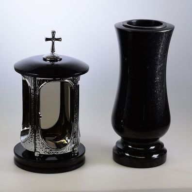 Grabschmuck Set Grab-lampe Grabvase Grableuchte schwarze Granit verchromt mit Kreuz