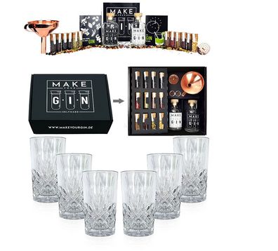Longdrinkglas in Kristall Optik - 6er Set Gläser + Make Your Gin Geschenkset