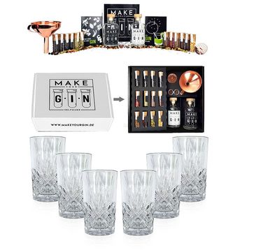 Longdrinkglas in Kristall Optik - 6er Set Gläser + Make Your Gin Geschenkset