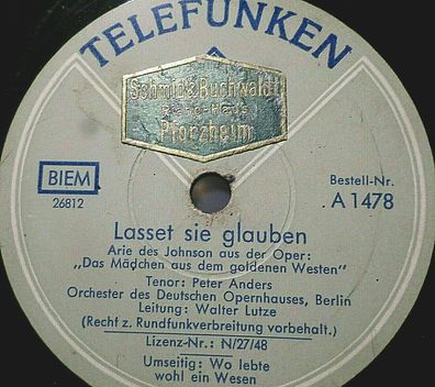 PETER ANDERS "Wo lebte wohl ein Wesen / Lasset sie glauben" Telefunken 78rpm 10"