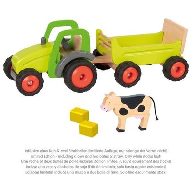 goki Traktor mit Anhänger inkl. Kuh und 2 Strohballen - hochwertig aus massivem Holz