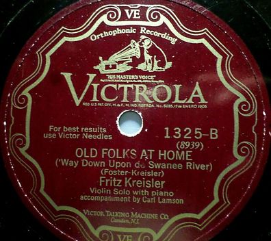 Fritz Kreisler " Souvenir (Drdla) / Old Folks At Home" Victrola 1928 78rpm 10"
