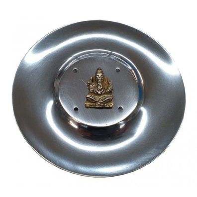 Räucherstäbchenhalter Ganesha Messingrelief auf Metall rund 10 cm Räucherteller