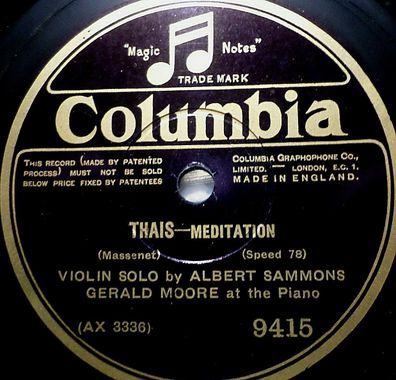 Sammons & Moore "Elegie / Thais - Meditation (Massenet)" Columbia 1928 78rpm 12"