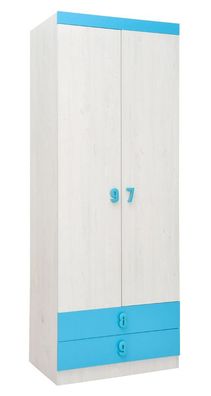 Kinderzimmer - Drehtürenschrank / Kleiderschrank Luis 19, Farbe: Eiche Weiß / Bl