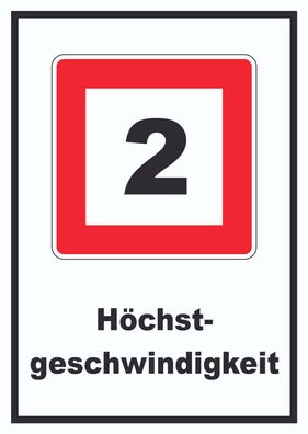 Höchstgeschwindigkeit 2 km/ h nicht zu überschreiten Schild mit Symbol und Text