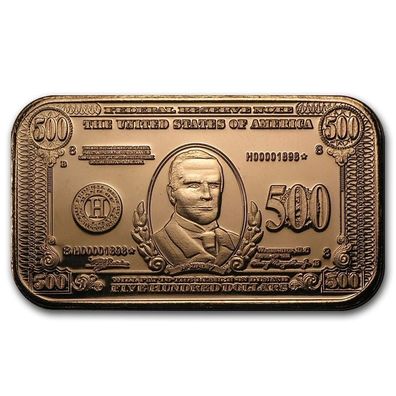1 oz 999 Kupfer Copper Kupferbarren als 500$ Dollar Banknote Bill Feinkupfer