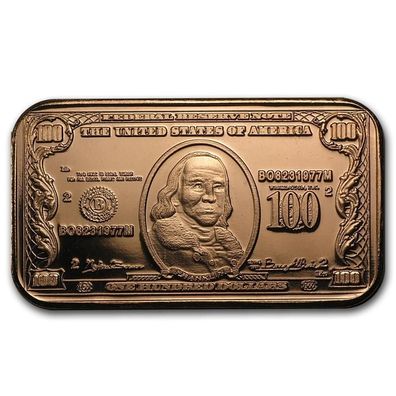 1 oz unze 999 Kupfer Kupferbarren Copper als 100 $ Banknote Bill