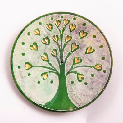 2 x Räucherstäbchenhalter Lebensbaum grün Speckstein 7,5 cm Handgraviert Teller
