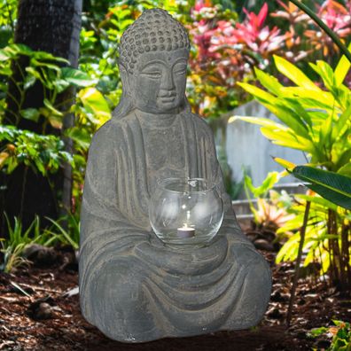 Buddha mit Windlicht sitzend grau H28cm Dekofigur Skulptur Statue Gartenfigur Fe