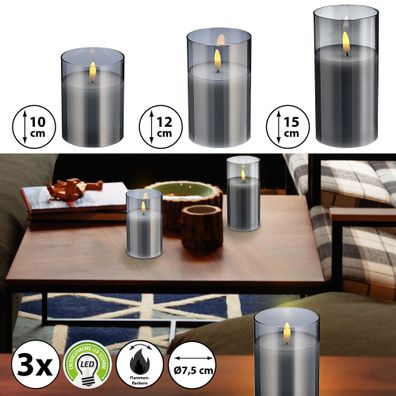 3x LED Echtwachs-Kerze im Glas &Oslash;7,5 H:10/12/15cm Kerzenset Timer