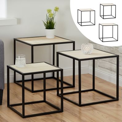 3x Beistelltisch Cube mit heller Holzplatte Wohnzimmertisch drei Größen quadrati