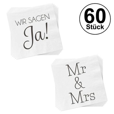 80x Servietten Hochzeit, 2fach sortiert, weiß, Ja, Mr&Mrs, Polterabend, Liebe, F