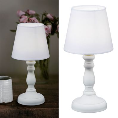 LED Tischleuchte mit weißem Lampenfuß und weißem Lampenschirm im Nostalgiedesign