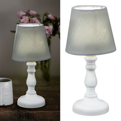 LED Tischleuchte mit weißem Lampenfuß und grauem Lampenschirm im Nostalgiedesign