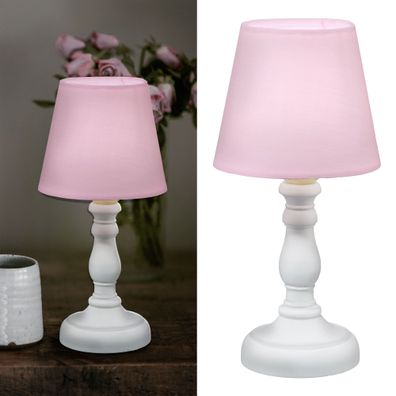 LED Tischleuchte mit weißem Lampenfuß und rosa Lampenschirm im Nostalgiedesign H