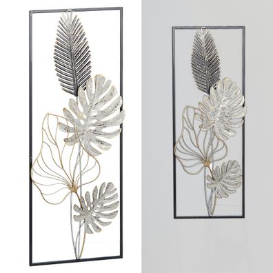 Wanddeko aus Metall im Rahmen Wandbild Wandskupltur Blätter grau/ silber/ gold B28